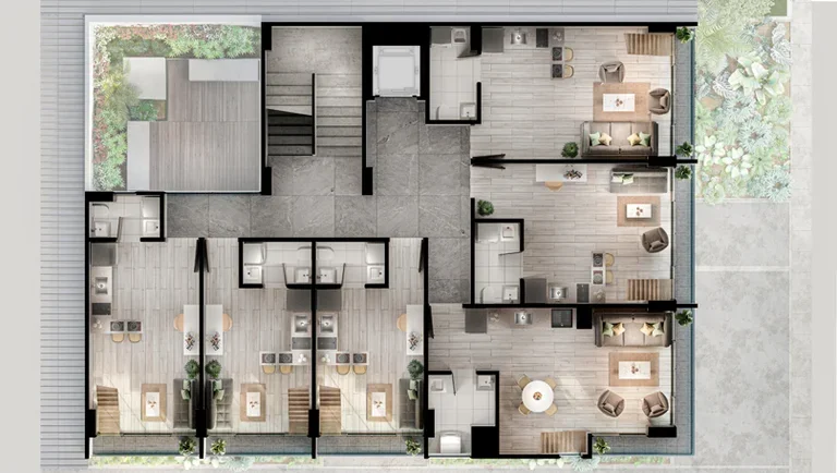 Espacio de doble altura con grandes ventanales